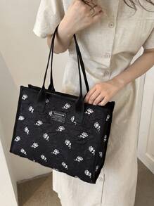 Floral Pattern Letter Patch Decor Shoulder Bag Fashionable Large Capacity - Black - View 2