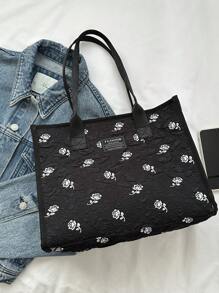 Floral Pattern Letter Patch Decor Shoulder Bag Fashionable Large Capacity - Black - View 6