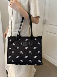 Floral Pattern Letter Patch Decor Shoulder Bag Fashionable Large Capacity - Black - View 7