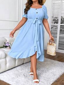 SHEIN Clasi Đầm Plus Size Thắt lưng Viên lá sen Trọn gói màu trơn Giải trí - Màu xanh lam - Xem 1