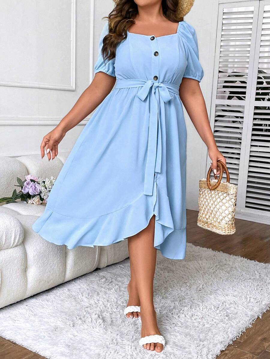 SHEIN Clasi Đầm Plus Size Thắt lưng Viên lá sen Trọn gói màu trơn Giải trí - Màu xanh lam - Xem 1