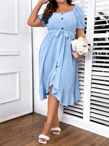 SHEIN Clasi Đầm Plus Size Thắt lưng Viên lá sen Trọn gói màu trơn Giải trí - Màu xanh lam - Xem 3