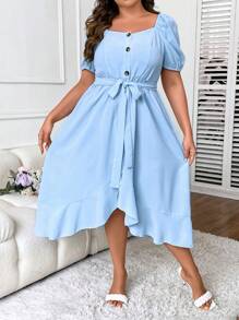 SHEIN Clasi Đầm Plus Size Thắt lưng Viên lá sen Trọn gói màu trơn Giải trí - Màu xanh lam - Xem 4