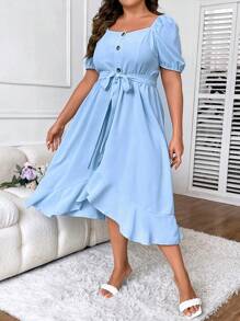 SHEIN Clasi Đầm Plus Size Thắt lưng Viên lá sen Trọn gói màu trơn Giải trí - Màu xanh lam - Xem 5