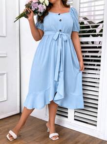 SHEIN Clasi Đầm Plus Size Thắt lưng Viên lá sen Trọn gói màu trơn Giải trí - Màu xanh lam - Xem 7