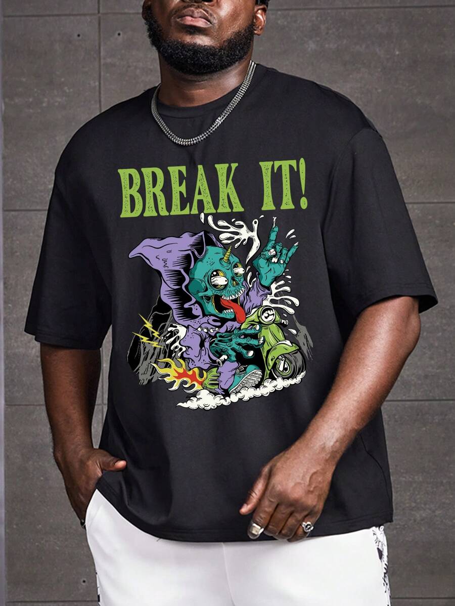 Manfinity RebelGame Men Plus Cotton Letter & Skull Print Tee - Black - View 1