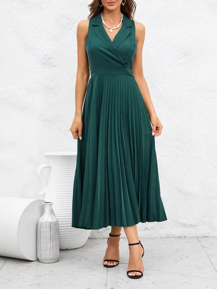 SHEIN Clasi Solid Pleated Hem Dress - Green - View 1