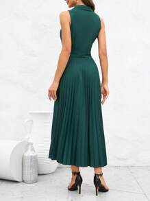 SHEIN Clasi Solid Pleated Hem Dress - Green - View 2
