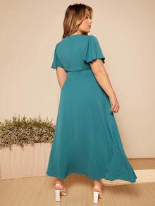 SHEIN Belle 大碼素色深V領蝴蝶袖伴娘連衣裙 - 青碧色 - 查看 5