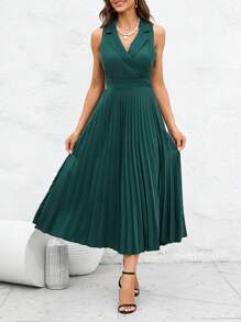 SHEIN Clasi Solid Pleated Hem Dress - Green - View 3