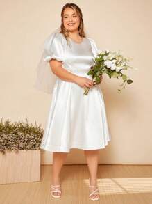 SHEIN Belle 大碼泡泡袖後鏤空婚紗洋裝 - 白色 - 查看 9