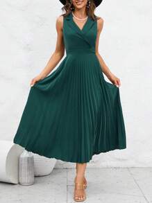 SHEIN Clasi Solid Pleated Hem Dress - Green - View 4