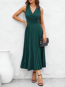 SHEIN Clasi Solid Pleated Hem Dress - Green - View 5