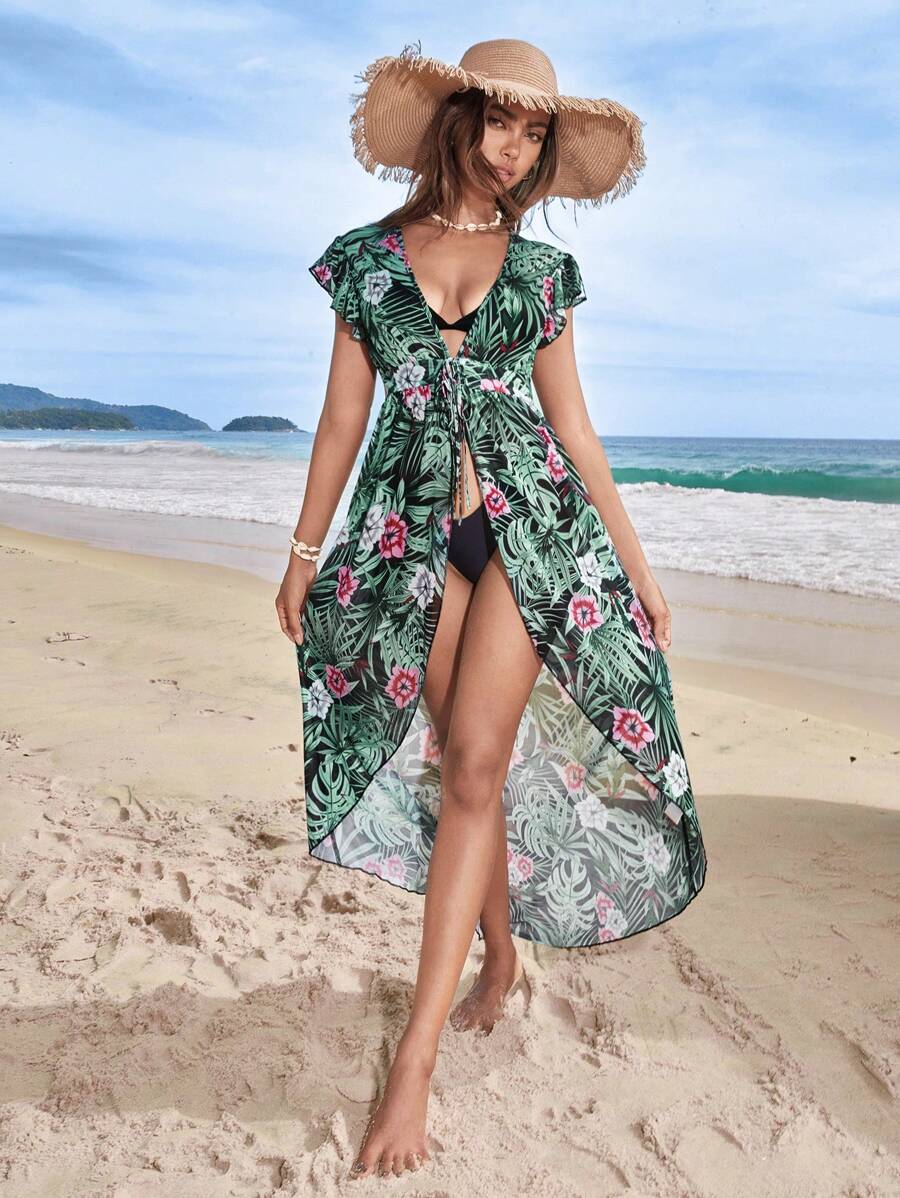 Swim Vcay Tropical Print Tie Front Kimono - Multicolor - View 1