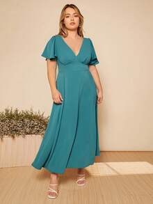 SHEIN Belle 大碼素色深V領蝴蝶袖伴娘連衣裙 - 青碧色 - 查看 7