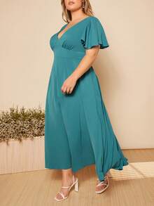 SHEIN Belle 大碼素色深V領蝴蝶袖伴娘連衣裙 - 青碧色 - 查看 8