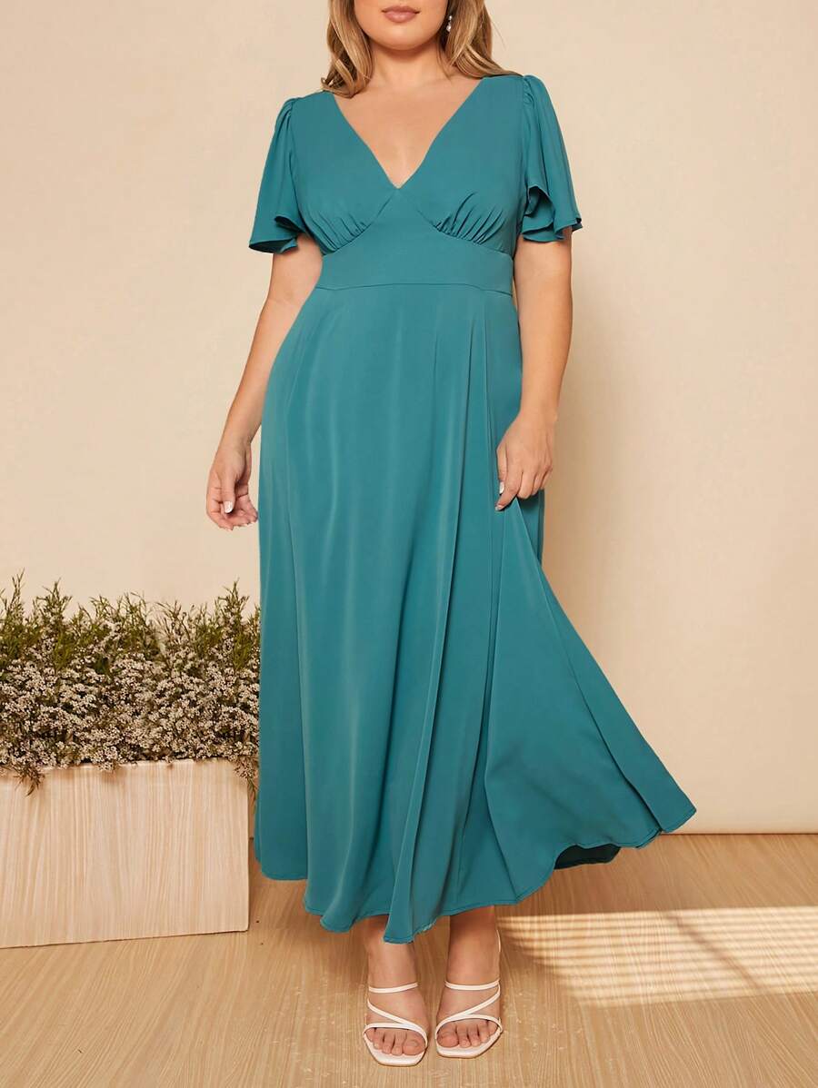 SHEIN Belle 大碼素色深V領蝴蝶袖伴娘連衣裙 - 青碧色 - 查看 1
