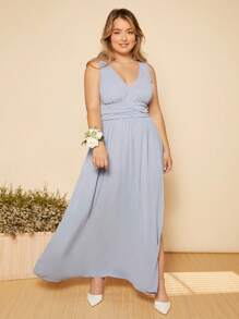 SHEIN Belle Plus Ruched Split Thigh Bridesmaid Dress - Baby Blue - View 3