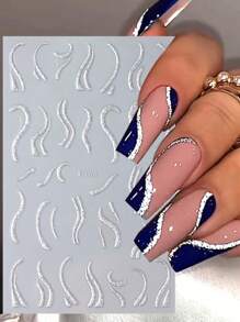 FULL BEAUTY 2sheets Silver Glitter Stripe Nail Art Sticker, French 3D Nail Decals Stripe Swirl Line Nail Design Nail Art Supplies Nail Stickers DIY