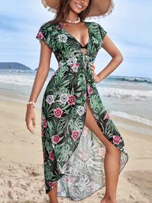 Swim Vcay Tropical Print Tie Front Kimono - Multicolor - View 5
