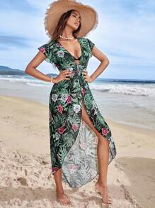 Swim Vcay Tropical Print Tie Front Kimono - Multicolor - View 6