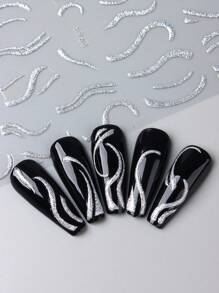 FULL BEAUTY 2sheets Silver Glitter Stripe Nail Art Sticker, French 3D Nail Decals Stripe Swirl Line Nail Design Nail Art Supplies Nail Stickers DIY