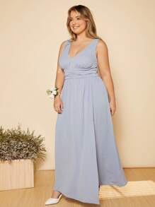 SHEIN Belle Plus Ruched Split Thigh Bridesmaid Dress - Baby Blue - View 2