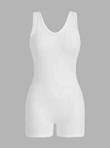 SHEIN ICON Solid Ribbed Knit Unitard Romper - White - View 2