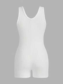 SHEIN ICON Solid Ribbed Knit Unitard Romper - White - View 7