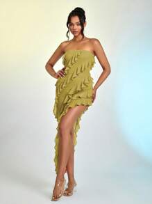 Đầm Bất đối xứng phân lớp màu trơn Gợi cảm - màu xanh lá - Xem 1