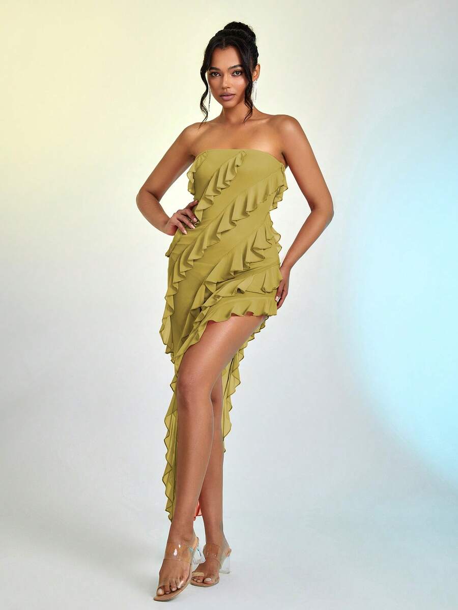 Đầm Bất đối xứng phân lớp màu trơn Gợi cảm - màu xanh lá - Xem 1