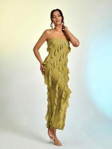 Đầm Bất đối xứng phân lớp màu trơn Gợi cảm - màu xanh lá - Xem 3