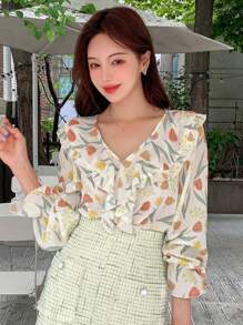 DAZY Floral Print Ruffle Trim Flounce Sleeve Blouse - Beige - View 6
