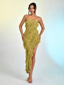 Đầm Bất đối xứng phân lớp màu trơn Gợi cảm - màu xanh lá - Xem 5