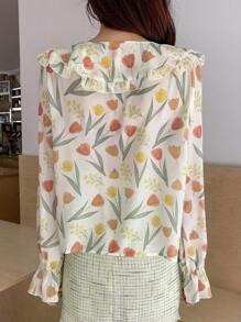 DAZY Floral Print Ruffle Trim Flounce Sleeve Blouse - Beige - View 2