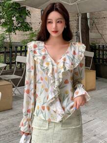 DAZY Floral Print Ruffle Trim Flounce Sleeve Blouse - Beige - View 7