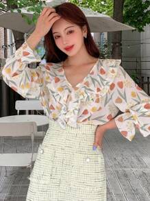 DAZY Floral Print Ruffle Trim Flounce Sleeve Blouse - Beige - View 4