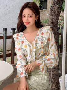 DAZY Floral Print Ruffle Trim Flounce Sleeve Blouse - Beige - View 5