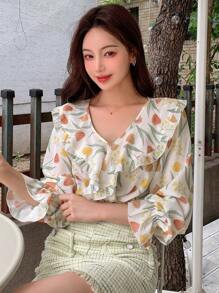 DAZY Floral Print Ruffle Trim Flounce Sleeve Blouse - Beige - View 1