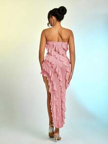 Ruffle Trim Asymmetrical Hem Tube Dress - Pink - View 2