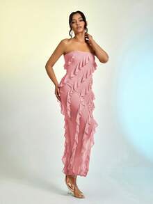 Ruffle Trim Asymmetrical Hem Tube Dress - Pink - View 3