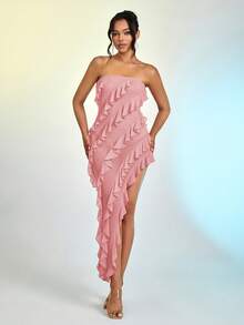Ruffle Trim Asymmetrical Hem Tube Dress - Pink - View 5