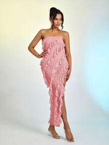Ruffle Trim Asymmetrical Hem Tube Dress - Pink - View 6
