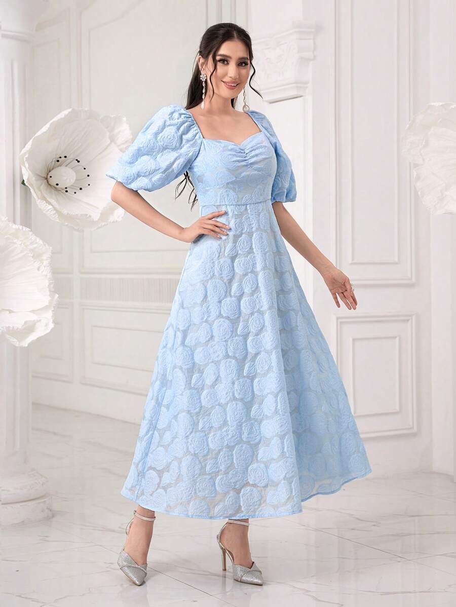 Modelyn 雞心領口泡泡袖胸部褶皺連衣裙 - 淺藍色 - 查看 1