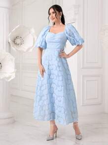 Modelyn 雞心領口泡泡袖胸部褶皺連衣裙 - 淺藍色 - 查看 4