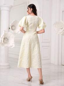 Modelyn Jacquard Square Neck Puff Sleeve Split Hem Dress - Apricot - View 2