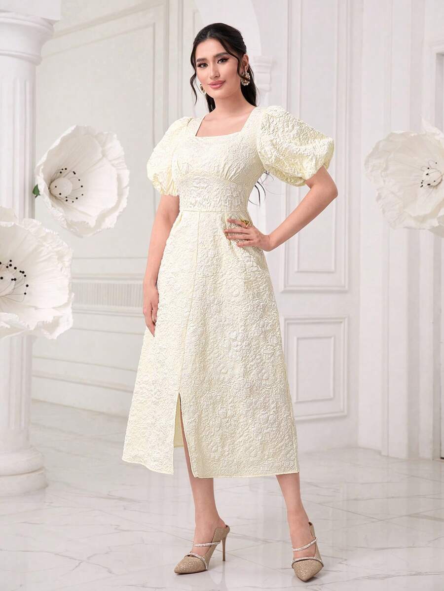 Modelyn Jacquard Square Neck Puff Sleeve Split Hem Dress - Apricot - View 1