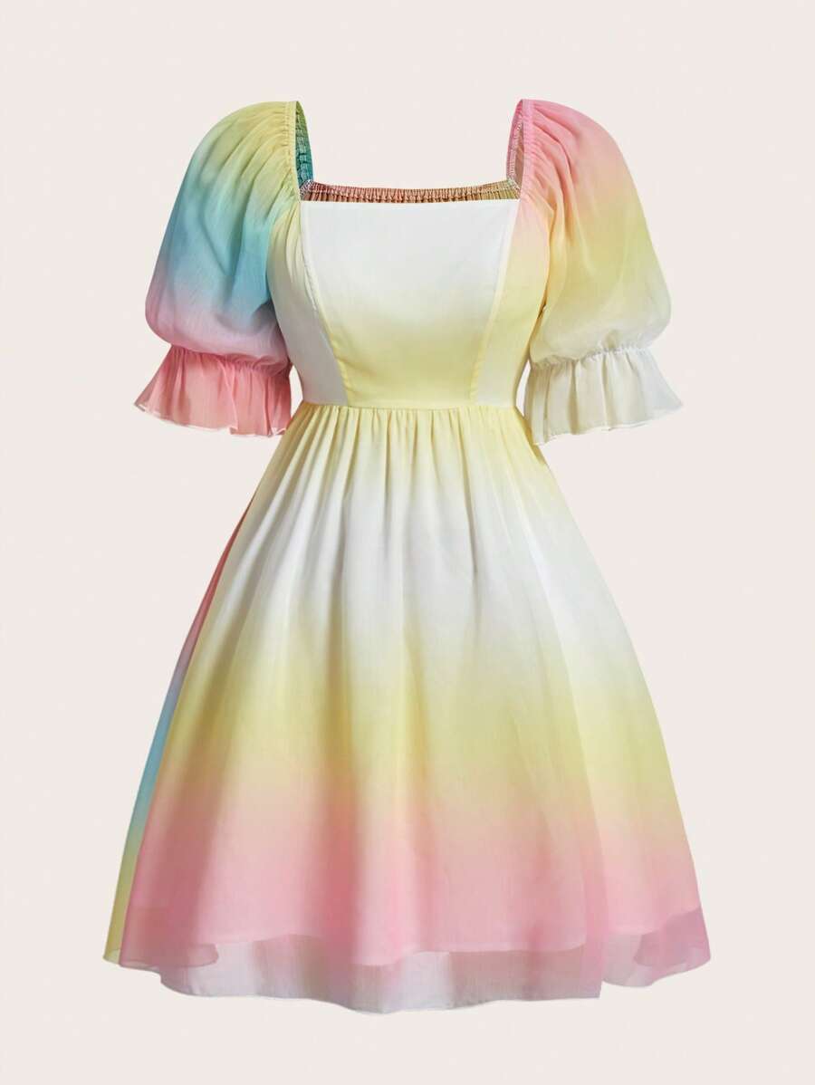 SHEIN MOOSTA Plus Ombre Square Neck Puff Sleeve Dress Pastel Dress - Multicolor - View 1