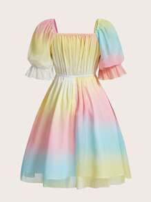 SHEIN MOOSTA Plus Ombre Square Neck Puff Sleeve Dress Pastel Dress - Multicolor - View 2