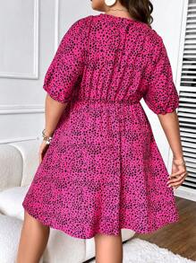 SHEIN LUNE 大碼滿版印花蝙蝠袖洋裝 - 玫紅色 - 查看 2